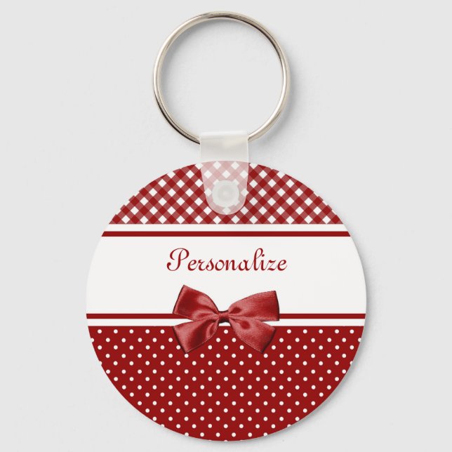 Red Gingham Bow Name Key Ring (Front)