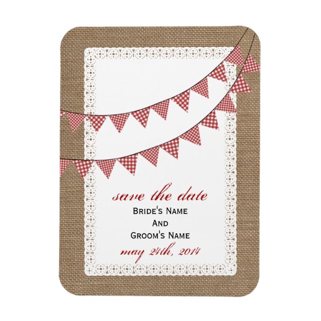 Red Gingham Bunting Burlap Inspired Save The Date Magnet (Vertical)