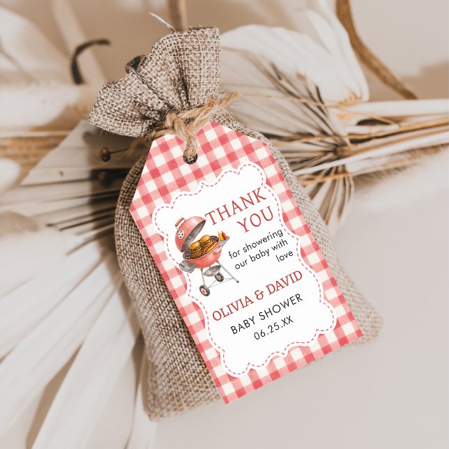 Red Gingham Burger BBQ Baby Shower Gift Tag (Creator Uploaded)