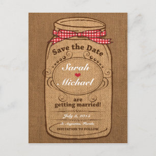 Red Gingham & Burlap Mason Jar Save the Date Announcement Postcard