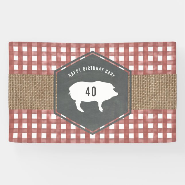 Red Gingham Burlap Pig Birthday Bbq Banner (Horizontal)