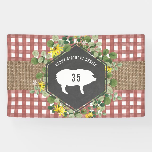 Red Gingham Burlap Pig Floral Birthday Bbq Banner (Horizontal)