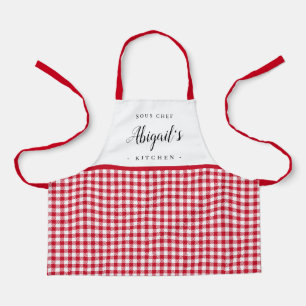Red gingham check child personalised cooking apron