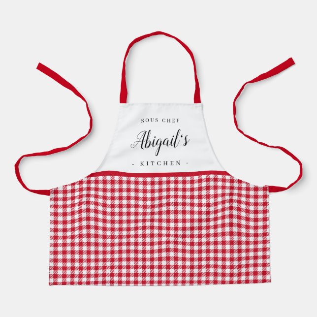 Red gingham check child personalised cooking apron (Front)