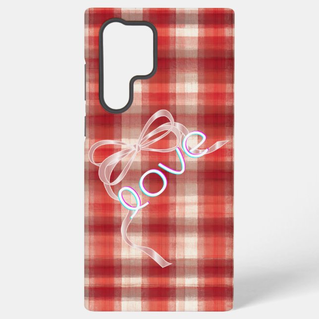 Red Gingham Check Love Ribbon Phone Case (Back)