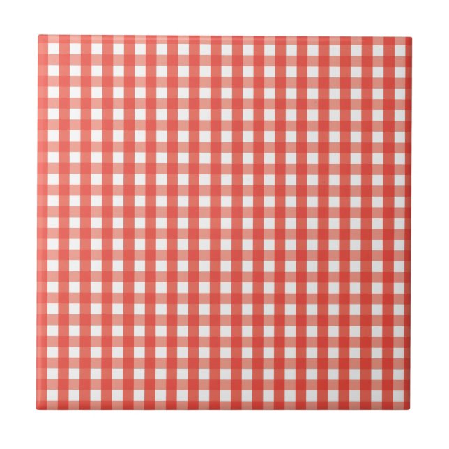 Red Gingham Check Pattern Ceramic Tile (Front)