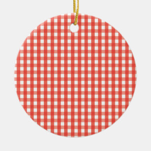 Red Gingham Check Pattern Ceramic Tree Decoration