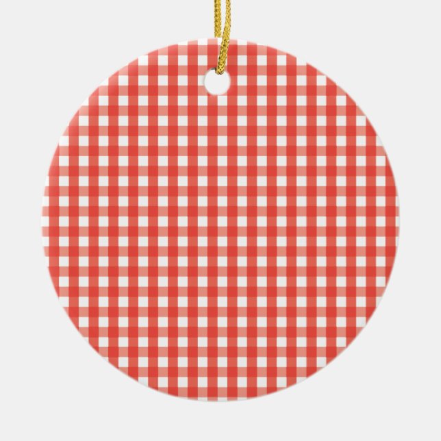 Red Gingham Check Pattern Ceramic Tree Decoration (Front)