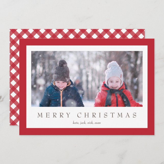 Red Gingham Check Plaid Photo Card for Christmas (Front/Back)