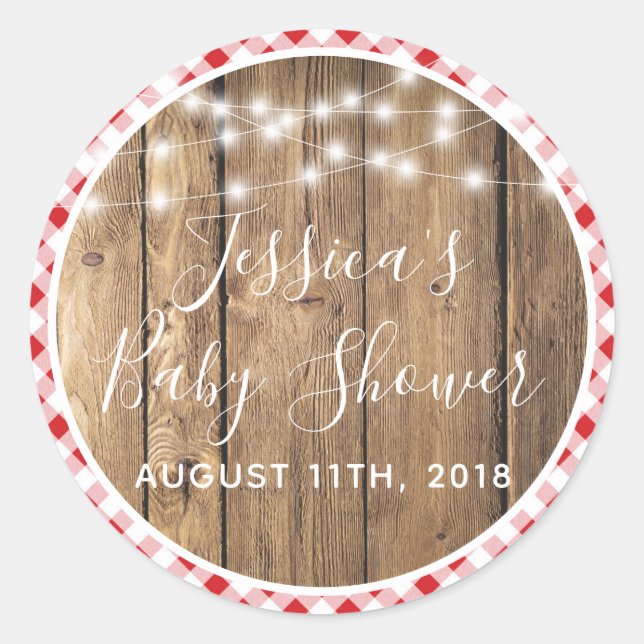 Red Gingham Check Plaid Rustic Wood Event Shower Classic Round Sticker (Front)