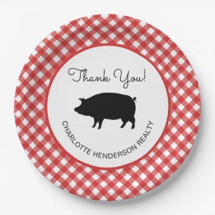 Red Gingham Checkered Pig Roast BBQ Party Paper Plate