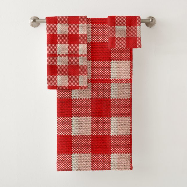 Red Gingham Chequered Pattern Burlap Look Bath Towel Set (Insitu)