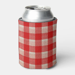 Red Gingham Chequered Pattern Burlap Look Can Cooler