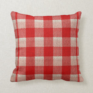 Red Gingham Chequered Pattern Burlap Look Cushion
