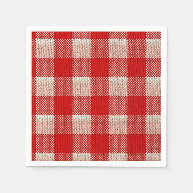Red Gingham Chequered Pattern Burlap Look Napkin (Front)