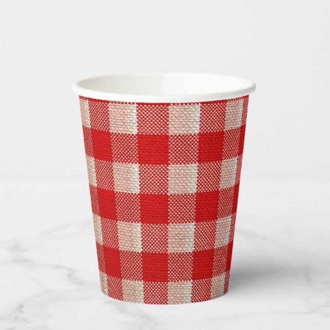 Red Gingham Chequered Pattern Burlap Look Paper Cups (Left)