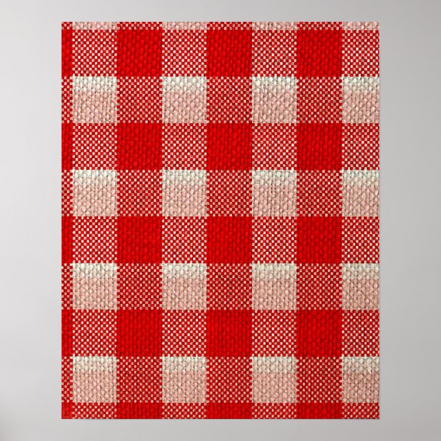 Red Gingham Chequered Pattern Burlap Look Poster (Front)