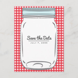 Red Gingham Chequered Rustic Country Save the Date Announcement Postcard