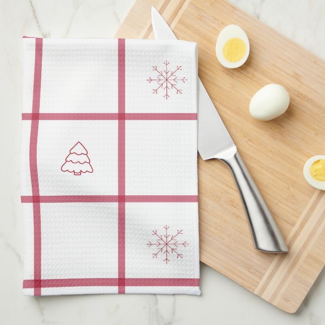 Red Gingham Christmas Pattern  Tea Towel (Quarter Fold)