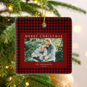 Red Gingham Christmas Photo Ceramic Ornament