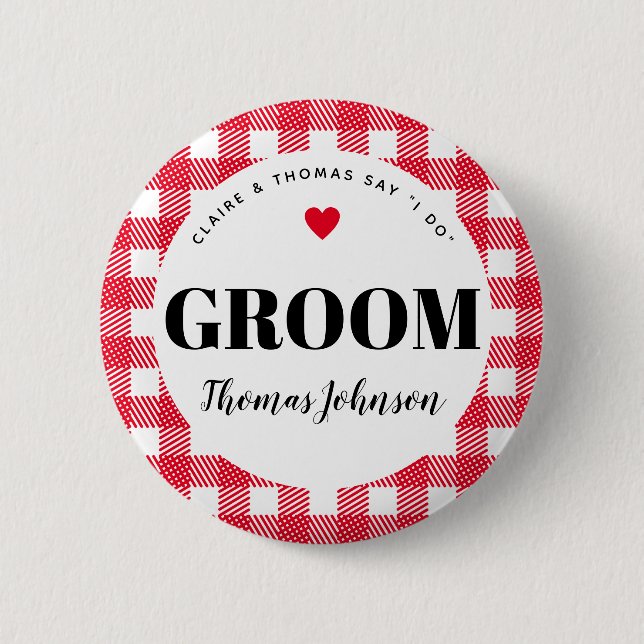 Red Gingham Country Wedding Groom's Name 6 Cm Round Badge (Front)