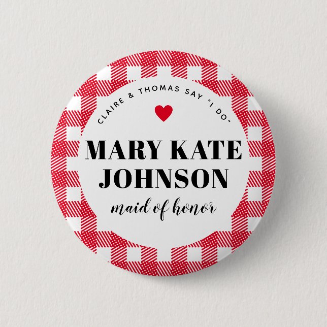 Red Gingham Country Wedding Maid of Honour Name 6 Cm Round Badge (Front)