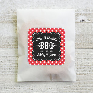 Red Gingham Couples Shower BBQ Wedding Square Sticker