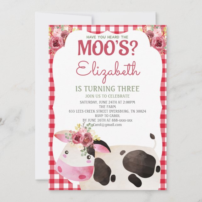 Red Gingham Cow Birthday Farm Animals Barnyard Invitation (Front)