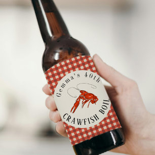 Red Gingham Crawfish Boil Seafood Party Beer Bottle Label