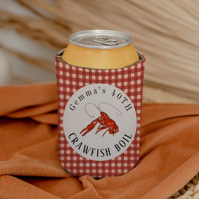 Red Gingham Crawfish Boil Seafood Party Can Cooler (Crawfish illustration classic red gingham crawfish boil can cooler.)