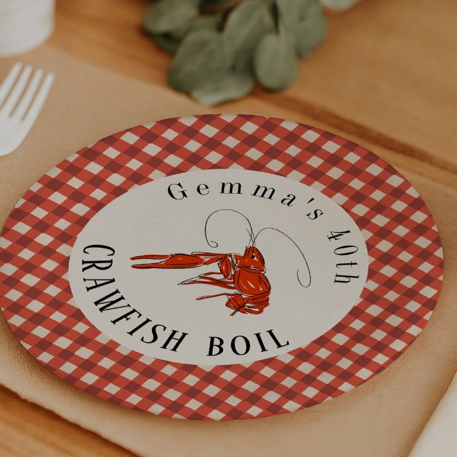 Red Gingham Crawfish Boil Seafood Party Paper Paper Plate (Crawfish boil party red gingham personalized paper plates.)
