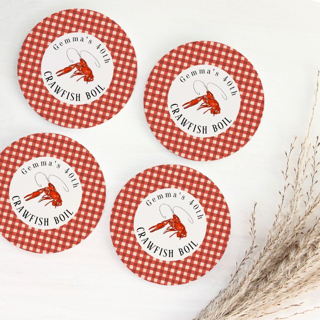Red Gingham Crawfish Boil Seafood Party Paper Round Paper Coaster (Red crawfish and gingham personalized crawfish boil coasters.)