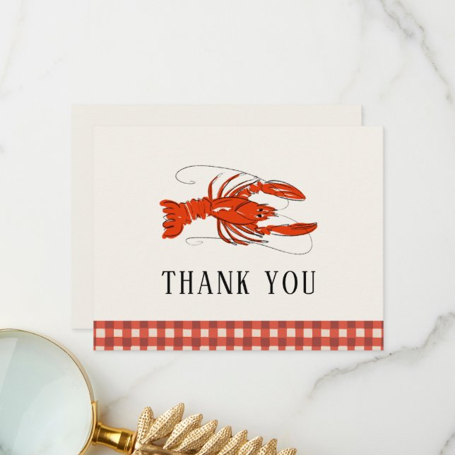 Red Gingham Crawfish Boil Seafood Thank You Notes (Front/Back In Situ)