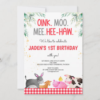 Red Gingham Farm Animals Birthday Barnyard Invitation