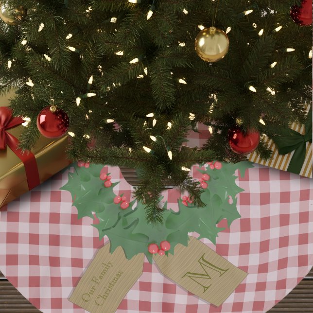 Red Gingham Farmhouse Check Holly Wreath Family Brushed Polyester Tree Skirt (Perfect for a cozy, classic farmhouse Christmas. Add your initial/name )