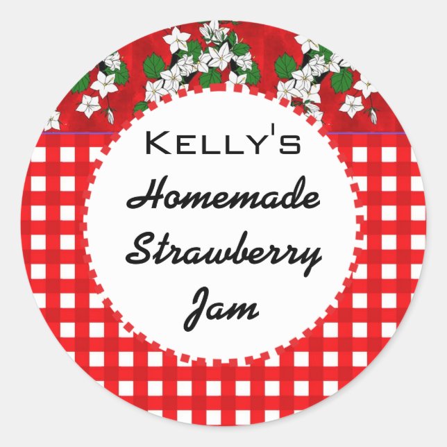 Red gingham floral strawberry jam label (Front)