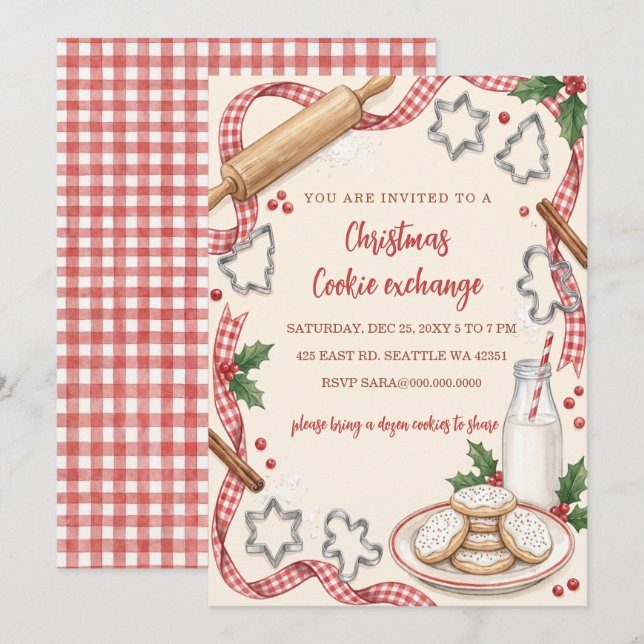 Red Gingham Fun Cookie Exchange Christmas Party Invitation (Front/Back)