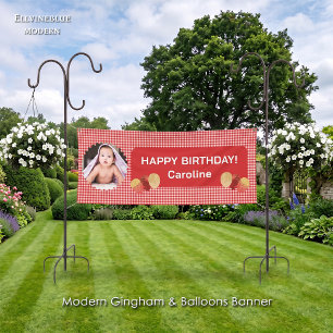 Red Gingham Glitter Balloons Photo Birthday Banner