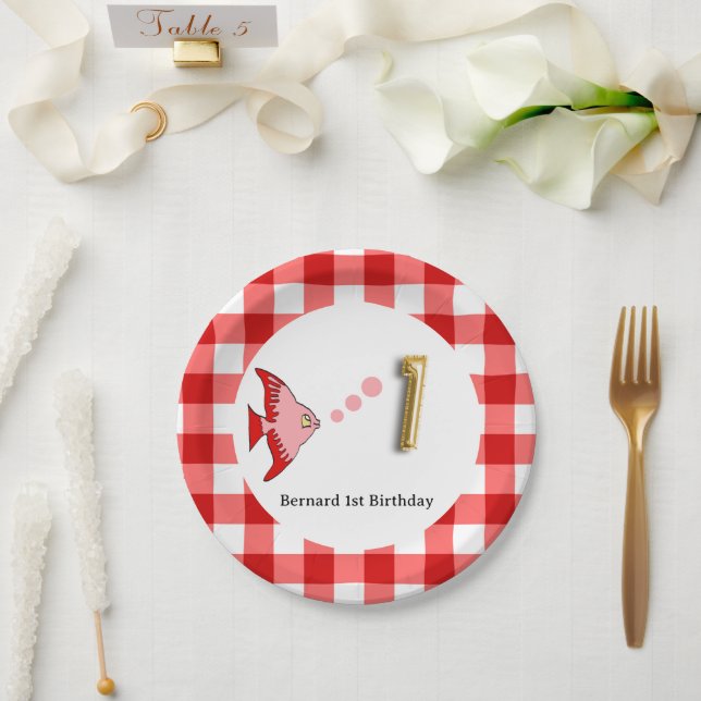 Red Gingham Gold Foil Balloon Fish 1st Birthday  Paper Plate (Wedding)