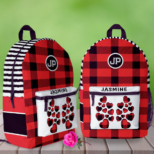 Red Gingham Heart Custom Name Left-Handed School  Printed Backpack