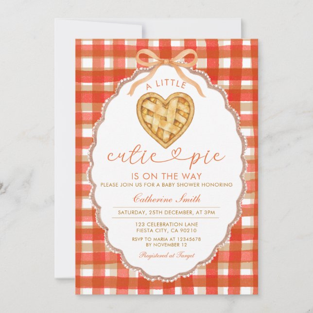 Red Gingham Heart Cutie Pie Baby Shower Invitation (Front)