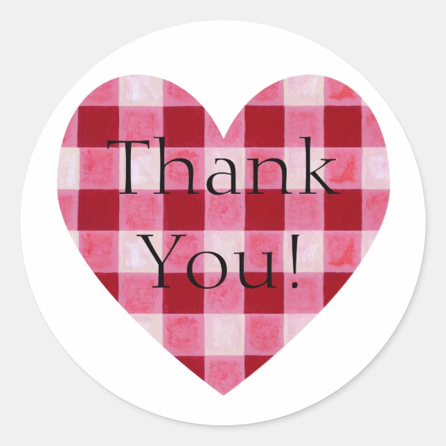 Red Gingham Heart Thank You Classic Round Sticker (Front)