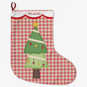 Red Gingham Holiday Tree Personalised Large Christmas Stocking