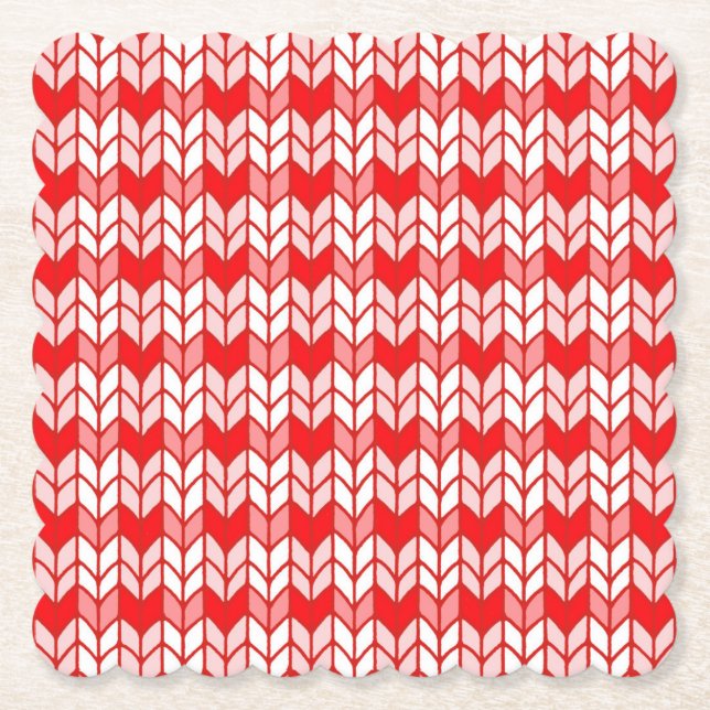 RED GINGHAM KNIT Scalloped Square Paper Coasters (Front)