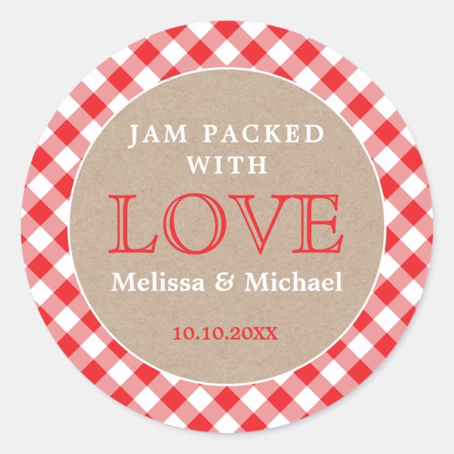 Red Gingham Kraft Jam Packed With Love Wedding   Classic Round Sticker (Front)