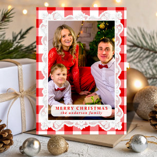 Red Gingham Lace Christmas Photo Holiday Card