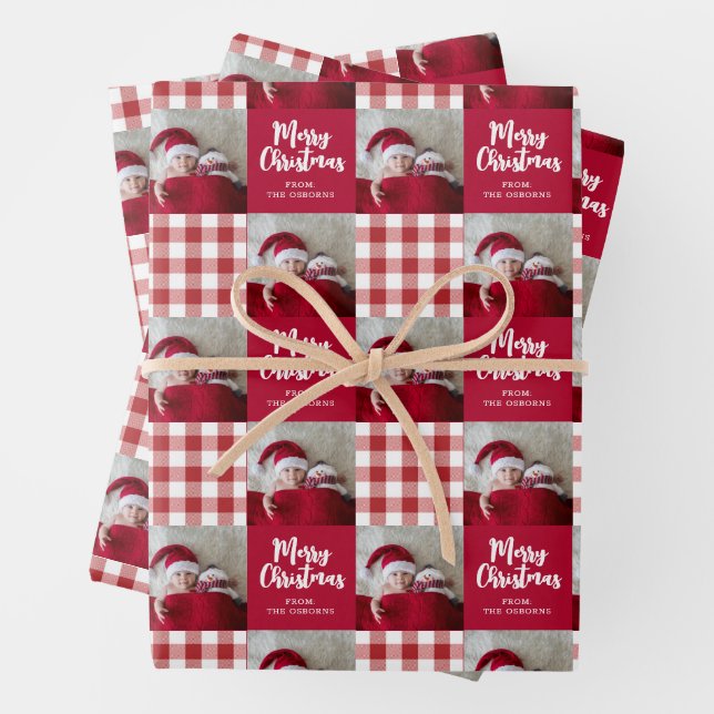 Red Gingham Merry Christmas Wrapping Paper (In situ)