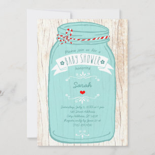 Red Gingham & Mint Mason Jar Baby Shower Invitation