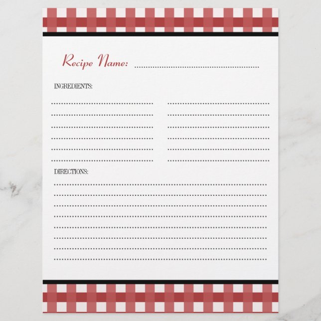 Red Gingham Modern Vintage Recipe Binder Insert (Front)