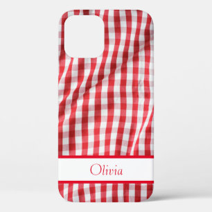 Red Gingham Name Simple Modern iPhone 12 Case
